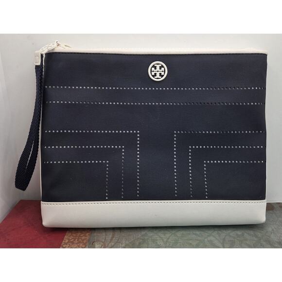 TORY BURCH Medium Nylon Cosmetic Case In Navy & White Wrist Strap 7.5 X 10 In - Picture 1 of 8